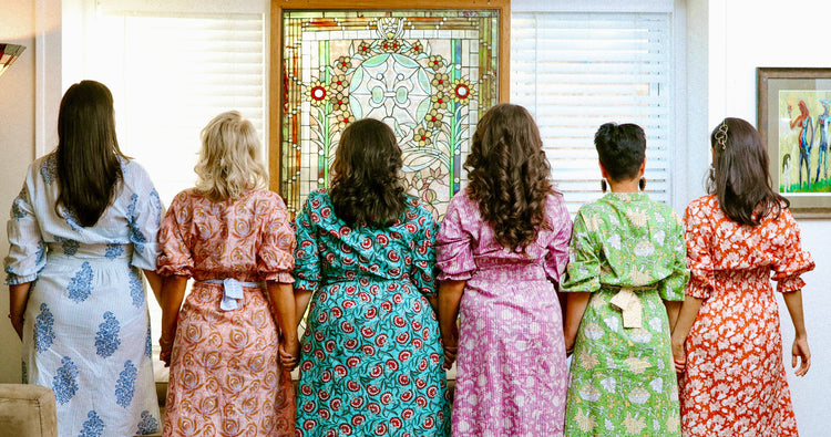 Hand block printed 100% cotton house dress robes. 6 prints, waist ties, inseam pockets, and ruching along lower back